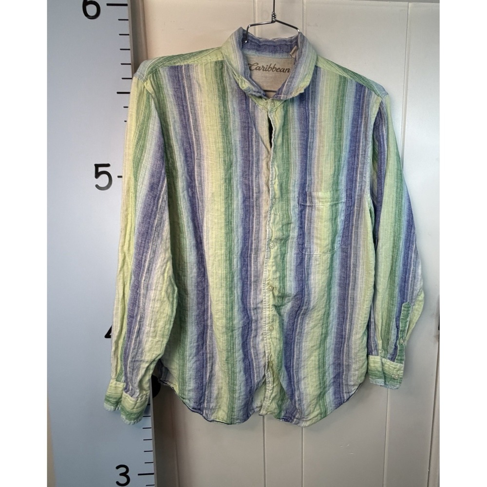 Caribbean‎ Linen Shirt Mens Size Large Blue Striped Long Sleeve Button Up Casual